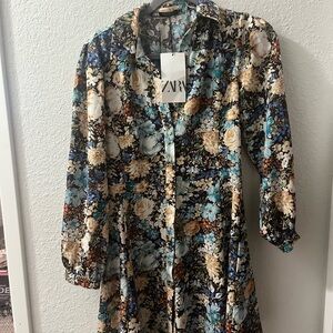 Zara Blue Cream Bishop Sleeve Shirt Dress